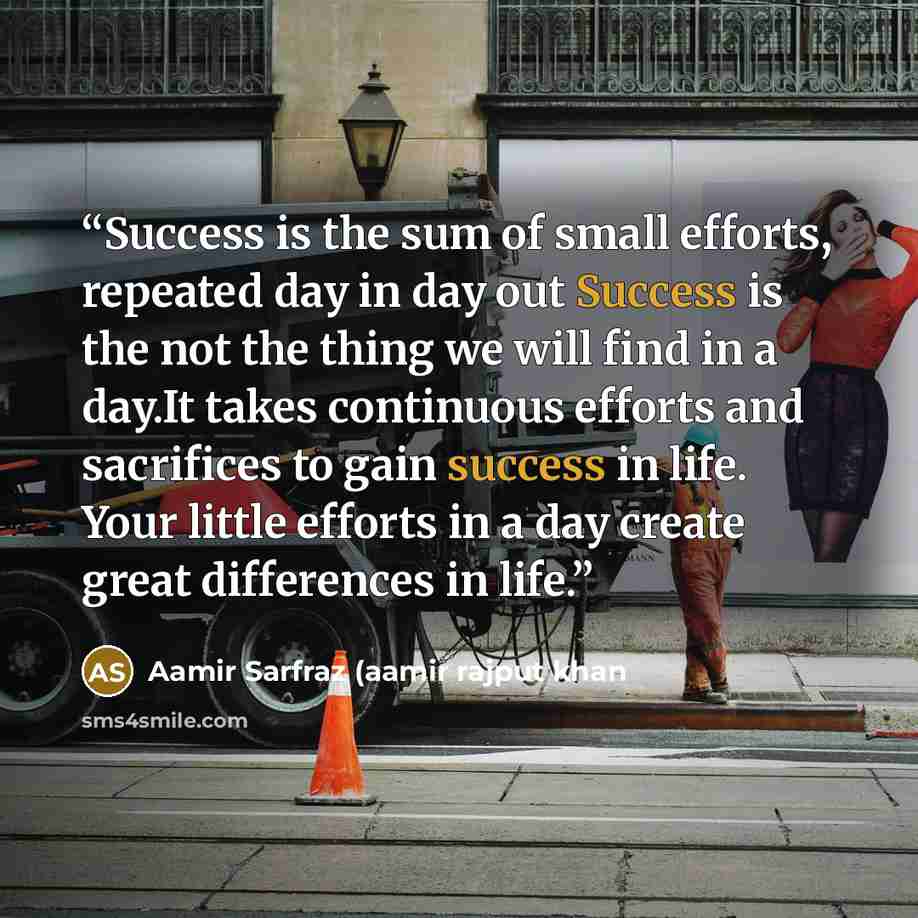 “Success is the sum of small efforts, repeated day in day out Success is the not the thing we will find in a day.It takes continuous efforts and sacrifices to gain success in life. Your little efforts in a day create great differences in life.” quote by Aamir Sarfraz (aamir rajput khan