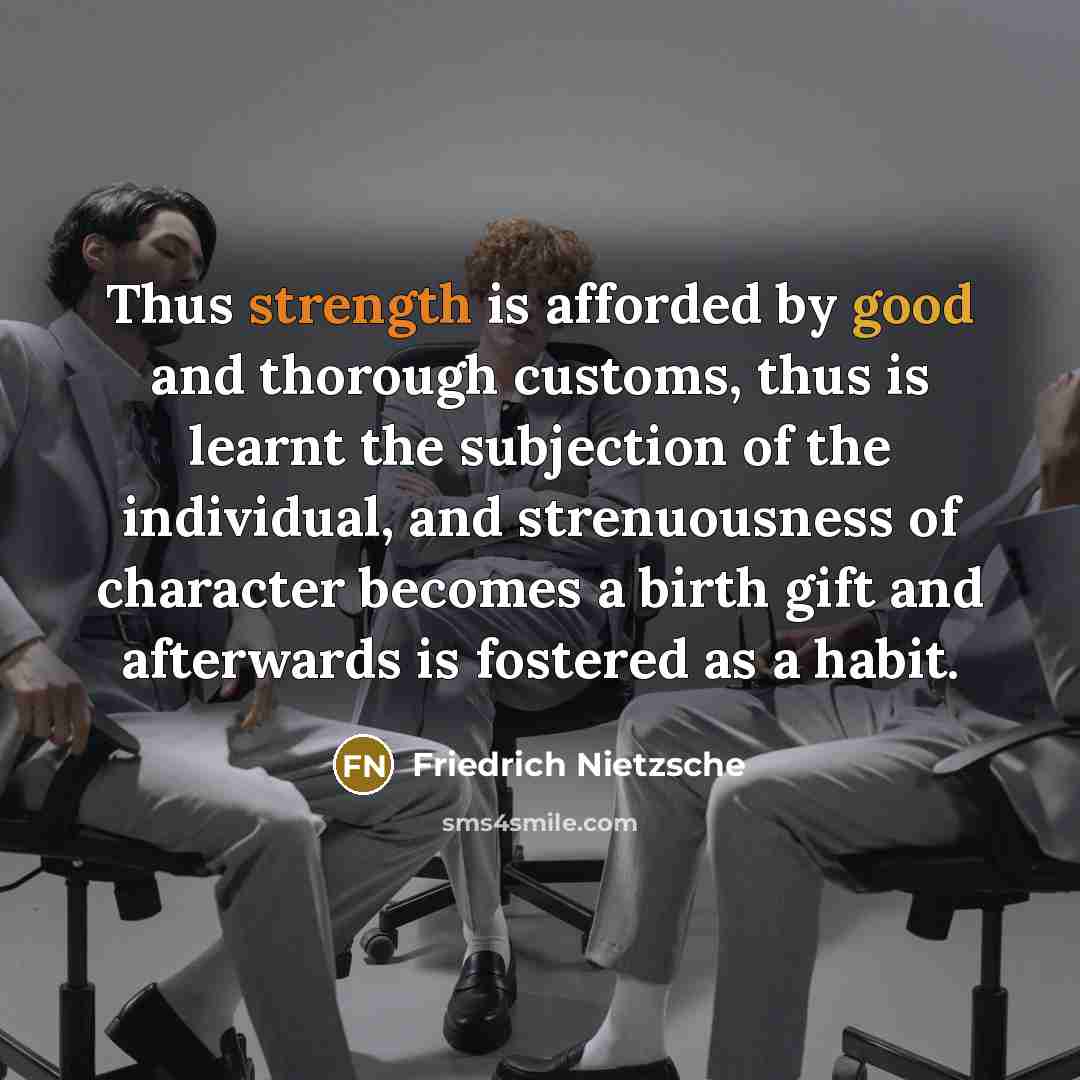 “Thus strength is afforded by good and thorough customs, thus…” quote by Friedrich Nietzsche