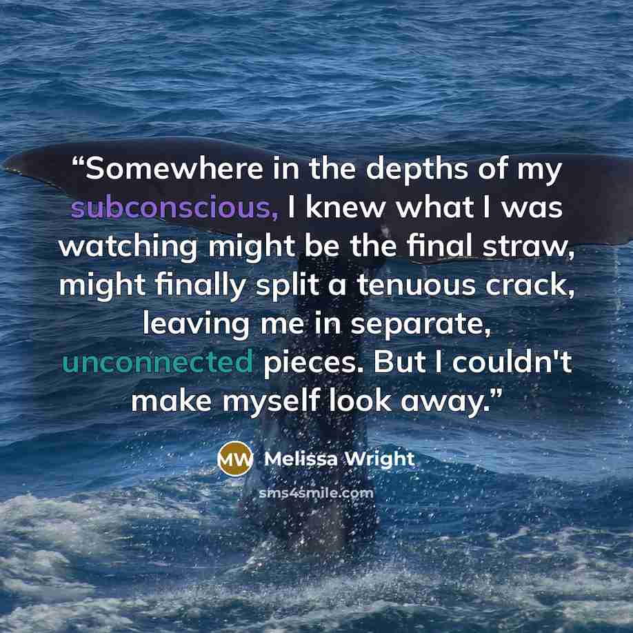 “Somewhere in the depths of my subconscious, I knew what I was watching might be the final straw, might finally split a tenuous crack, leaving me in separate, unconnected pieces. But I couldn't make myself look away.” quote by Melissa Wright