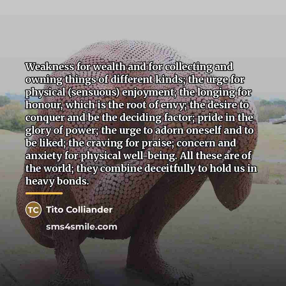 “Weakness for wealth and for collecting and owning things of…” quote by Tito Colliander