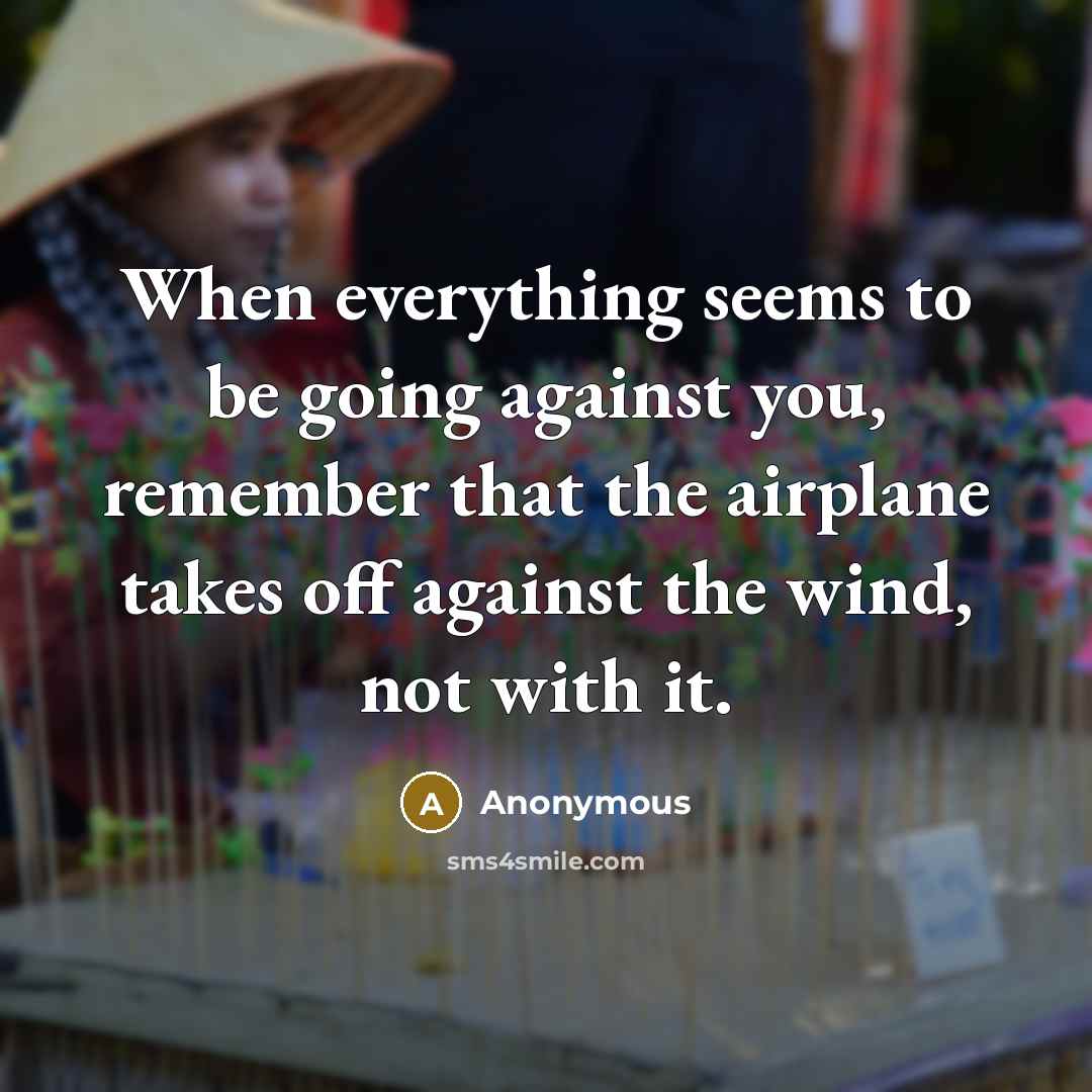 “When everything seems to be going against you, remember that the airplane takes off against the wind, not with it.” quote by Anonymous