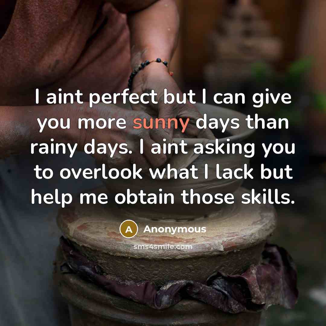 “I aint perfect but I can give you more sunny days than rainy days. I aint asking you to overlook what I lack but help me obtain those skills.” quote by Anonymous