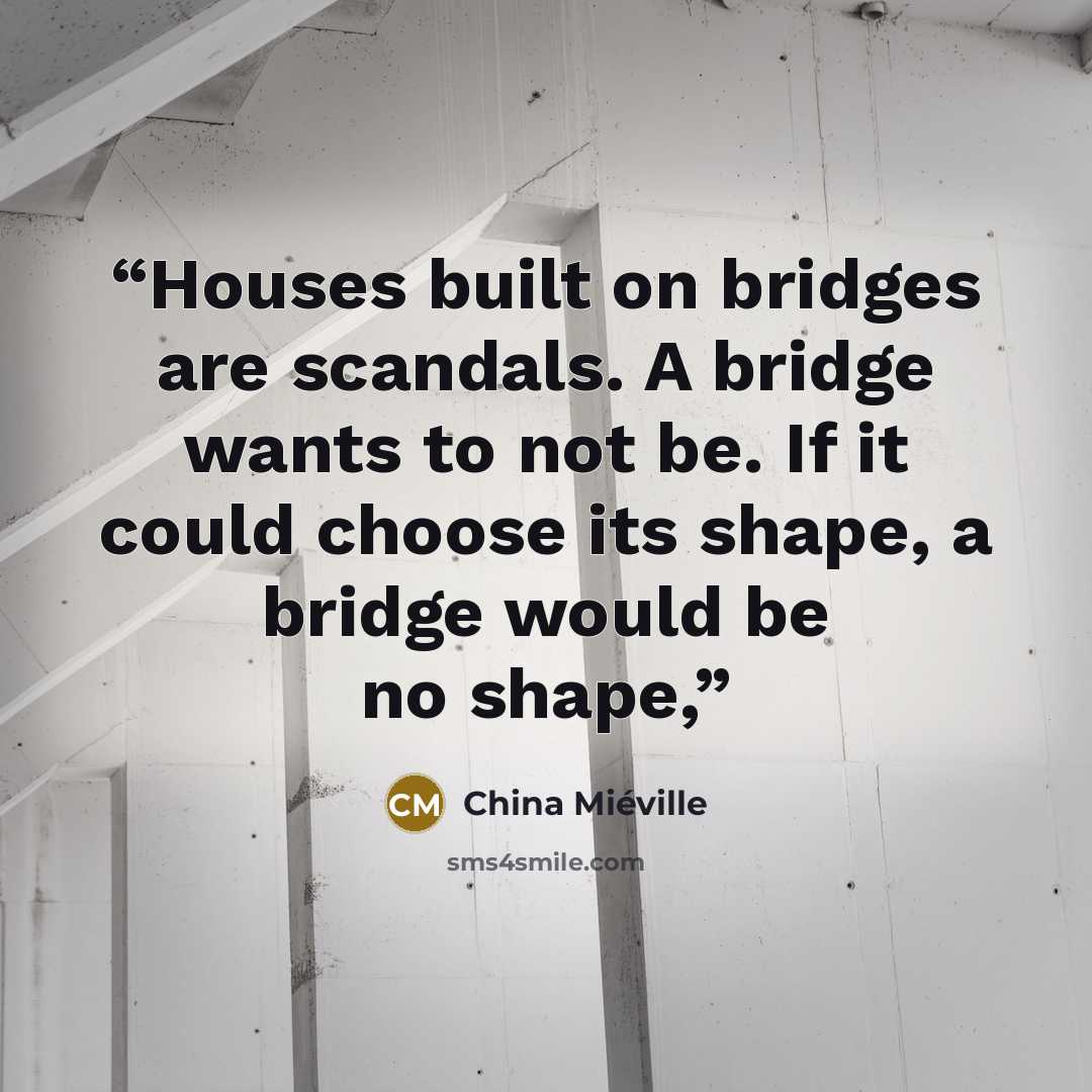 “Houses built on bridges are scandals. A bridge wants to not be. If it could choose its shape, a bridge would be no shape,” quote by China Miéville