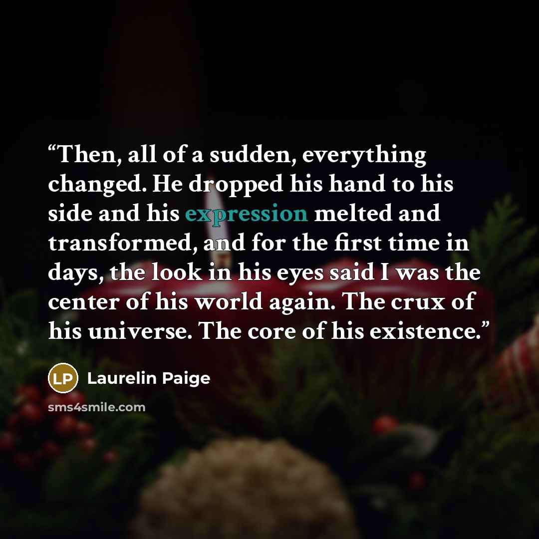 “Then, all of a sudden, everything changed. He dropped his hand to his side and his expression melted and transformed, and for the first time in days, the look in his eyes said I was the center of his world again. The crux of his universe. The core of his existence.” quote by Laurelin Paige