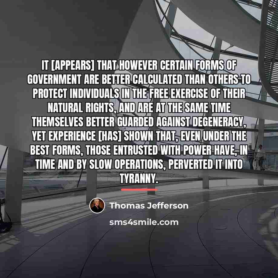 “It [appears] that however certain forms of government are better…” quote by Thomas Jefferson