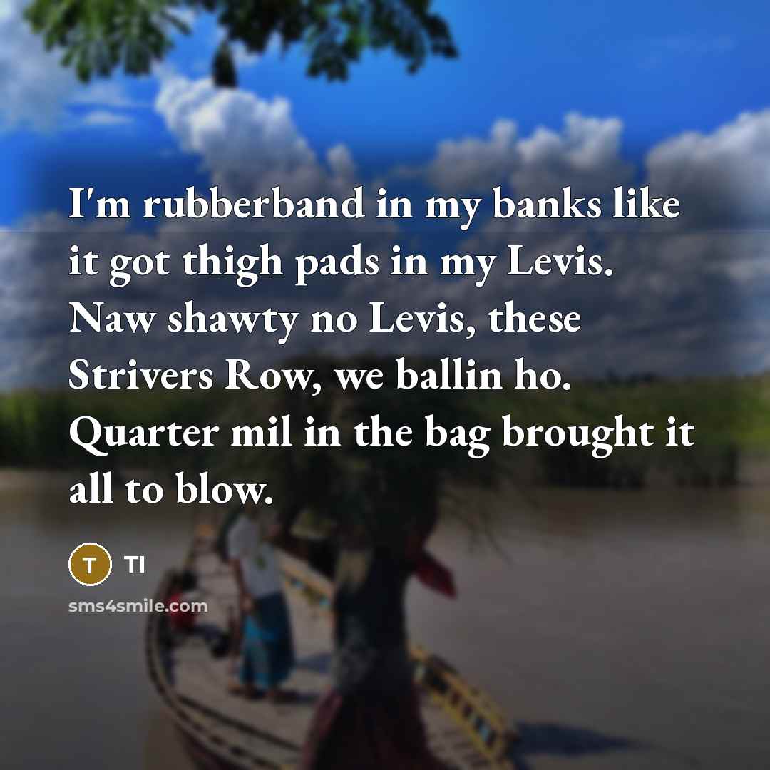 “I'm rubberband in my banks like it got thigh pads in my Levis. Naw shawty no Levis, these Strivers Row, we ballin ho. Quarter mil in the bag brought it all to blow.” quote by TI