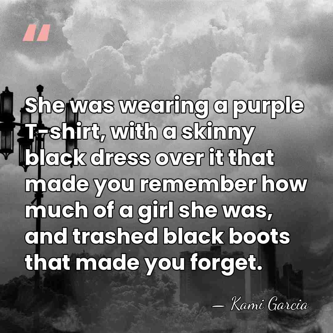 She was wearing a purple T-shirt, with a skinny black dress over&hellip; - Kami Garcia