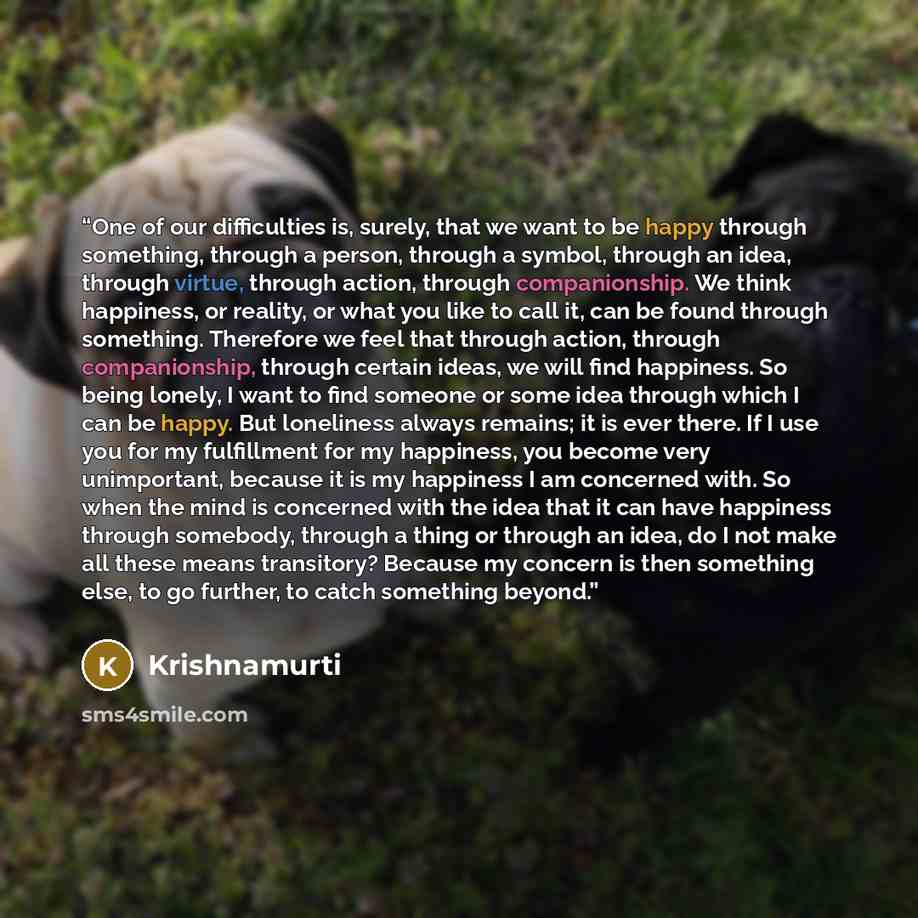 “One of our difficulties is, surely, that we want to be happy through something, through a person, through a symbol, through an idea, through virtue, through action, through companionship. We think happiness, or reality, or what you like to call it, can be found through something. Therefore we feel…” quote by Krishnamurti