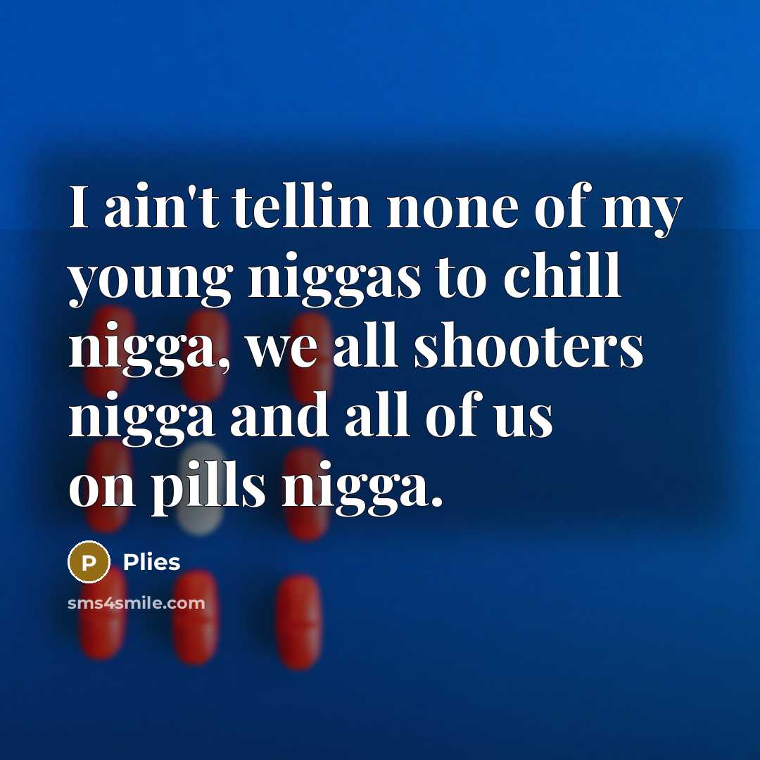“I ain't tellin none of my young niggas to chill nigga, we all shooters nigga and all of us on pills nigga.” quote by Plies