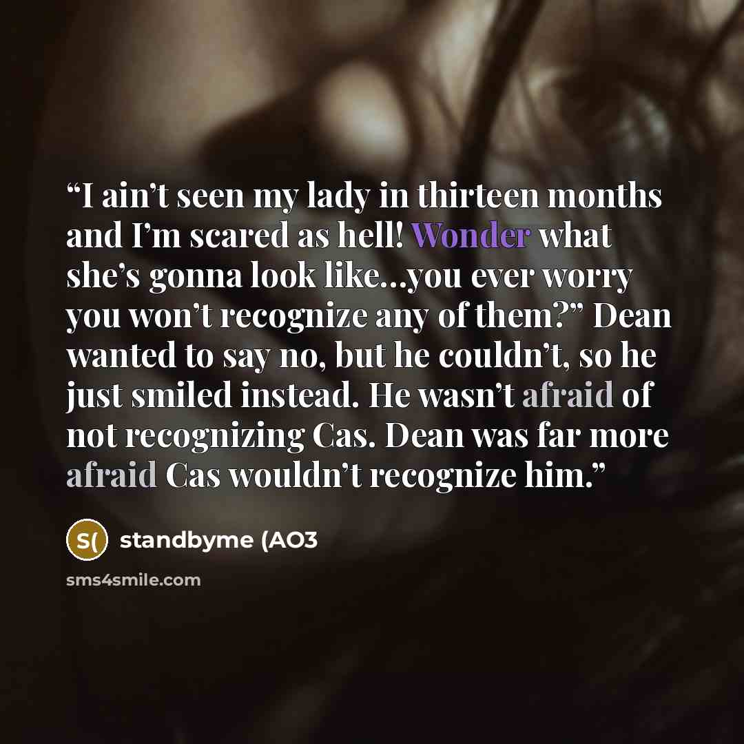 “I ain’t seen my lady in thirteen months and I’m scared as hell! Wonder what she’s gonna look like…you ever worry you won’t recognize any of them?” Dean wanted to say no, but he couldn’t, so he just smiled instead. He wasn’t afraid of not recognizing Cas. Dean was far more afraid Cas wouldn’t…” quote by standbyme (AO3