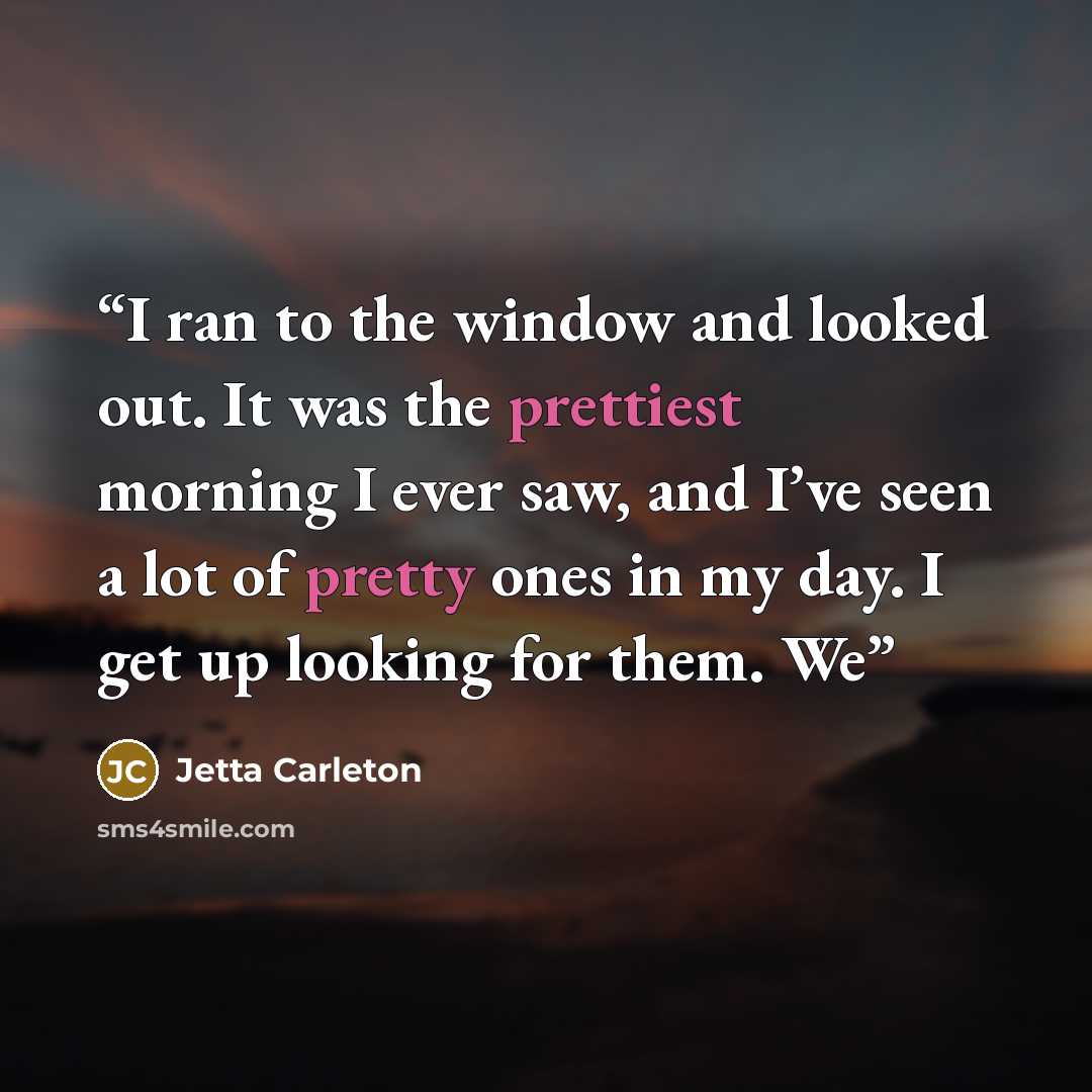 “I ran to the window and looked out. It was the prettiest morning I ever saw, and I’ve seen a lot of pretty ones in my day. I get up looking for them. We” quote by Jetta Carleton