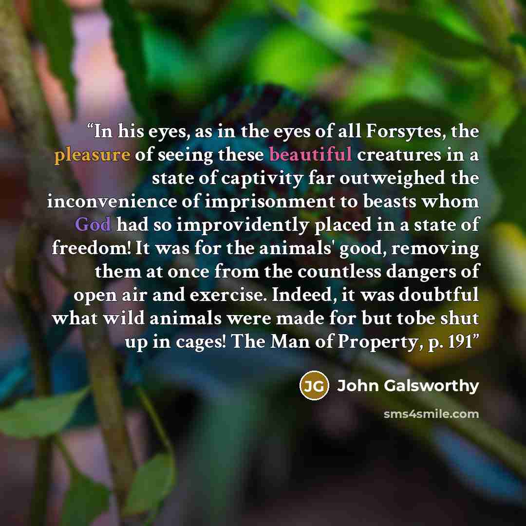 “In his eyes, as in the eyes of all Forsytes, the pleasure of seeing these beautiful creatures in a state of captivity far outweighed the inconvenience of imprisonment to beasts whom God had so improvidently placed in a state of freedom! It was for the animals' good, removing them at once from the…” quote by John Galsworthy