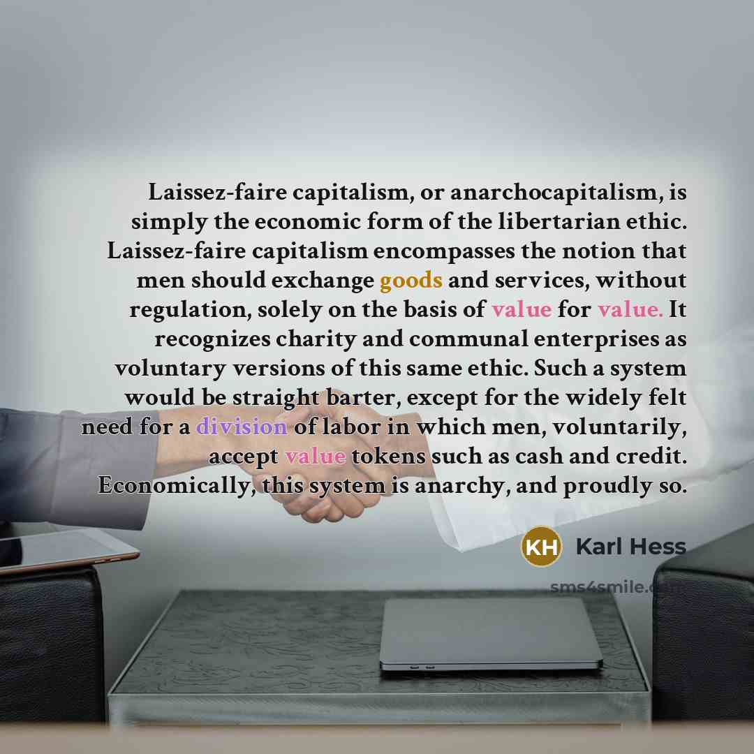 “Laissez-faire capitalism, or anarchocapitalism, is simply the economic form of…” quote by Karl Hess