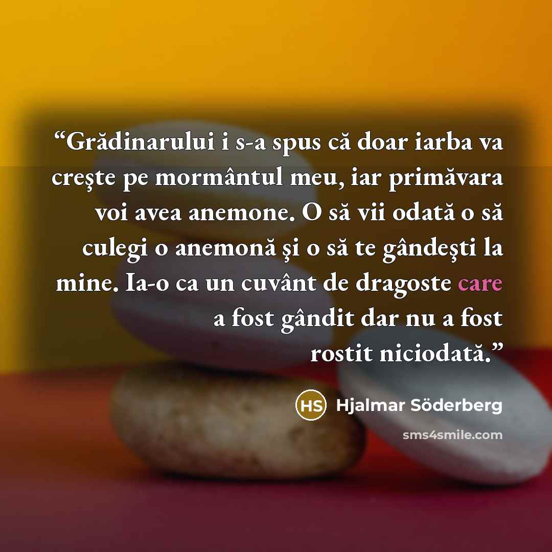 “Grădinarului i s-a spus că doar iarba va creşte pe mormântul meu, iar primăvara voi avea anemone. O să vii odată o să culegi o anemonă şi o să te gândeşti la mine. Ia-o ca un cuvânt de dragoste care a fost gândit dar nu a fost rostit niciodată.” quote by Hjalmar Söderberg