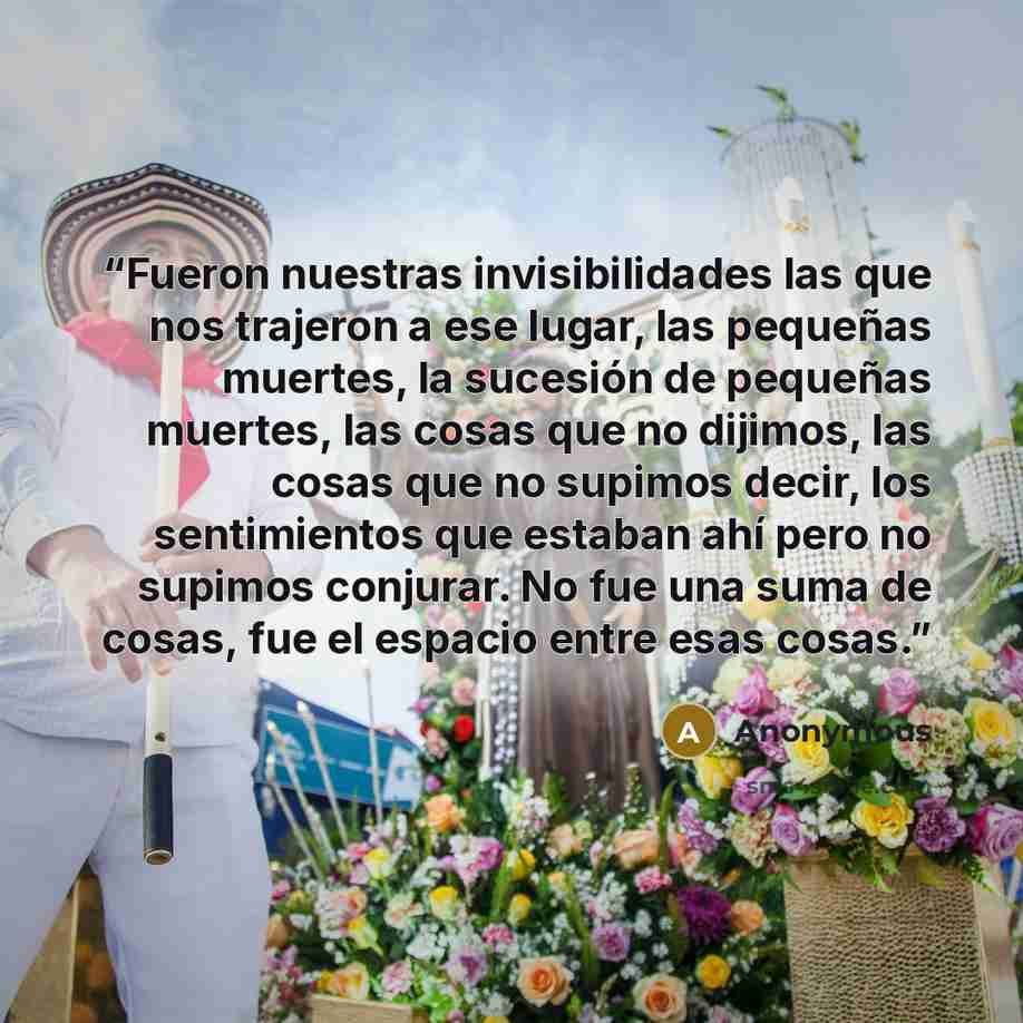 “Fueron nuestras invisibilidades las que nos trajeron a ese lugar, las pequeñas muertes, la sucesión de pequeñas muertes, las cosas que no dijimos, las cosas que no supimos decir, los sentimientos que estaban ahí pero no supimos conjurar. No fue una suma de cosas, fue el espacio entre esas cosas.” quote by Anonymous