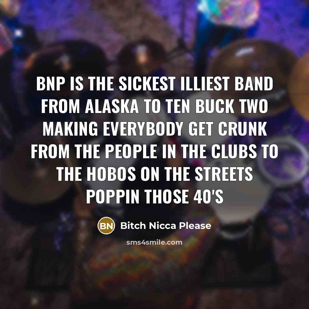 “BNP is the sickest illiest band from alaska to ten buck two making everybody get crunk from the people in the clubs to the hobos on the streets poppin those 40's” quote by Bitch Nicca Please