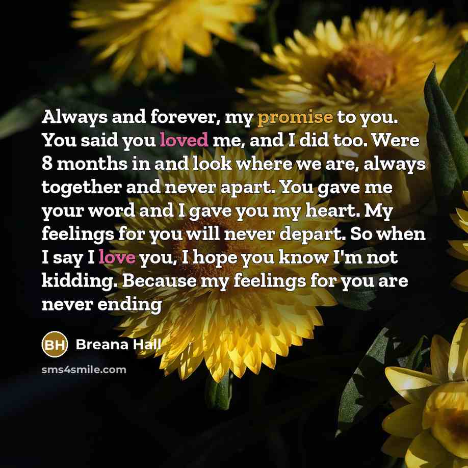 “Always and forever, my promise to you. You said you loved me, and I did too. Were 8 months in and look where we are, always together and never apart. You gave me your word and I gave you my heart. My feelings for you will never depart. So when I say I love you, I hope you know I'm not kidding…” quote by Breana Hall