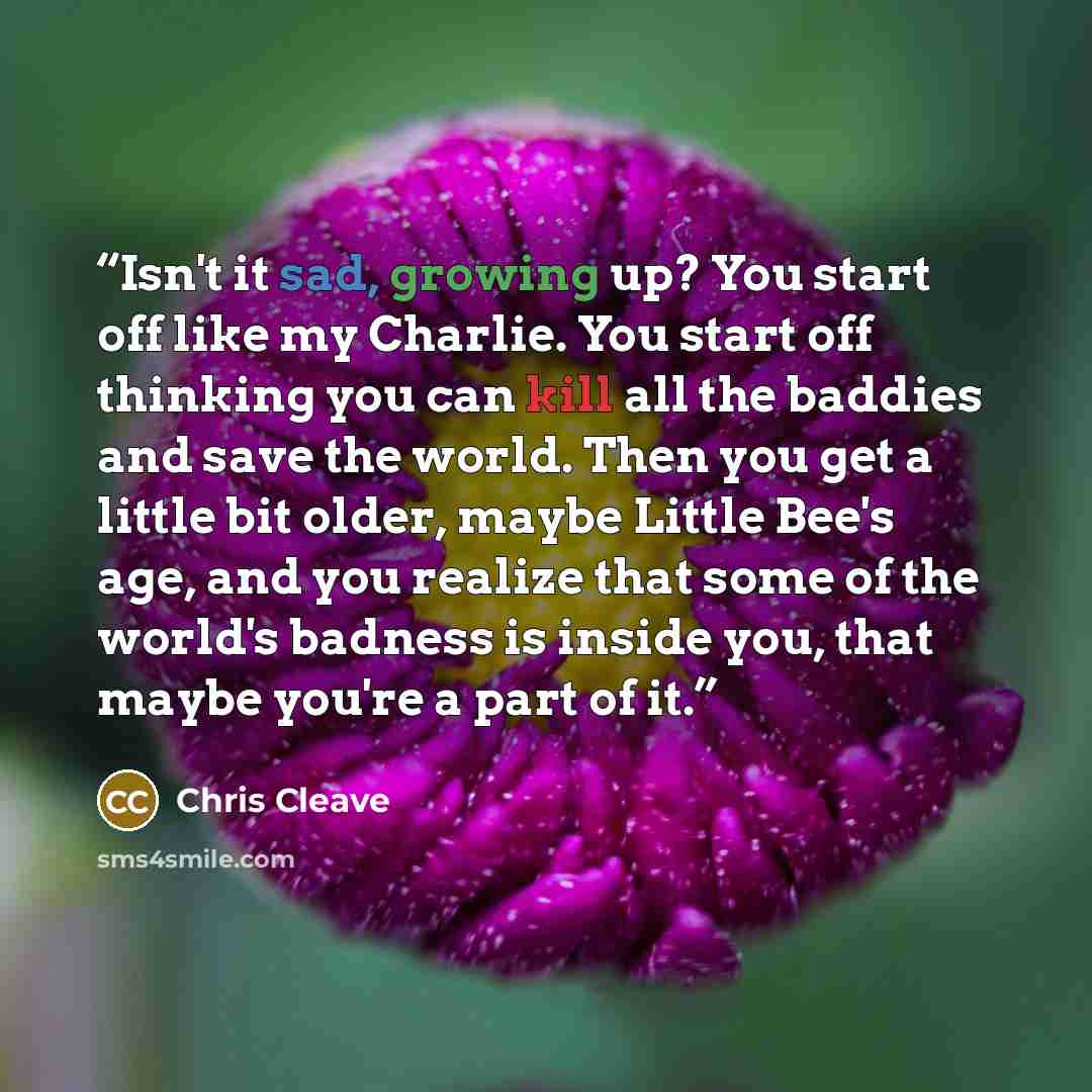 “Isn't it sad, growing up? You start off like my Charlie. You start off thinking you can kill all the baddies and save the world. Then you get a little bit older, maybe Little Bee's age, and you realize that some of the world's badness is inside you, that maybe you're a part of it.” quote by Chris Cleave