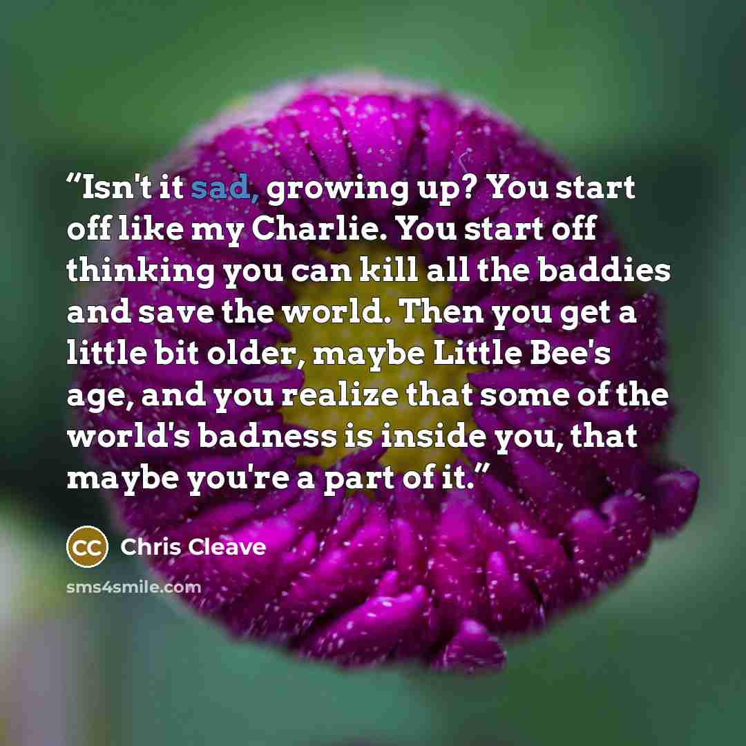“Isn't it sad, growing up? You start off like my Charlie. You start off thinking you can kill all the baddies and save the world. Then you get a little bit older, maybe Little Bee's age, and you realize that some of the world's badness is inside you, that maybe you're a part of it.” quote by Chris Cleave