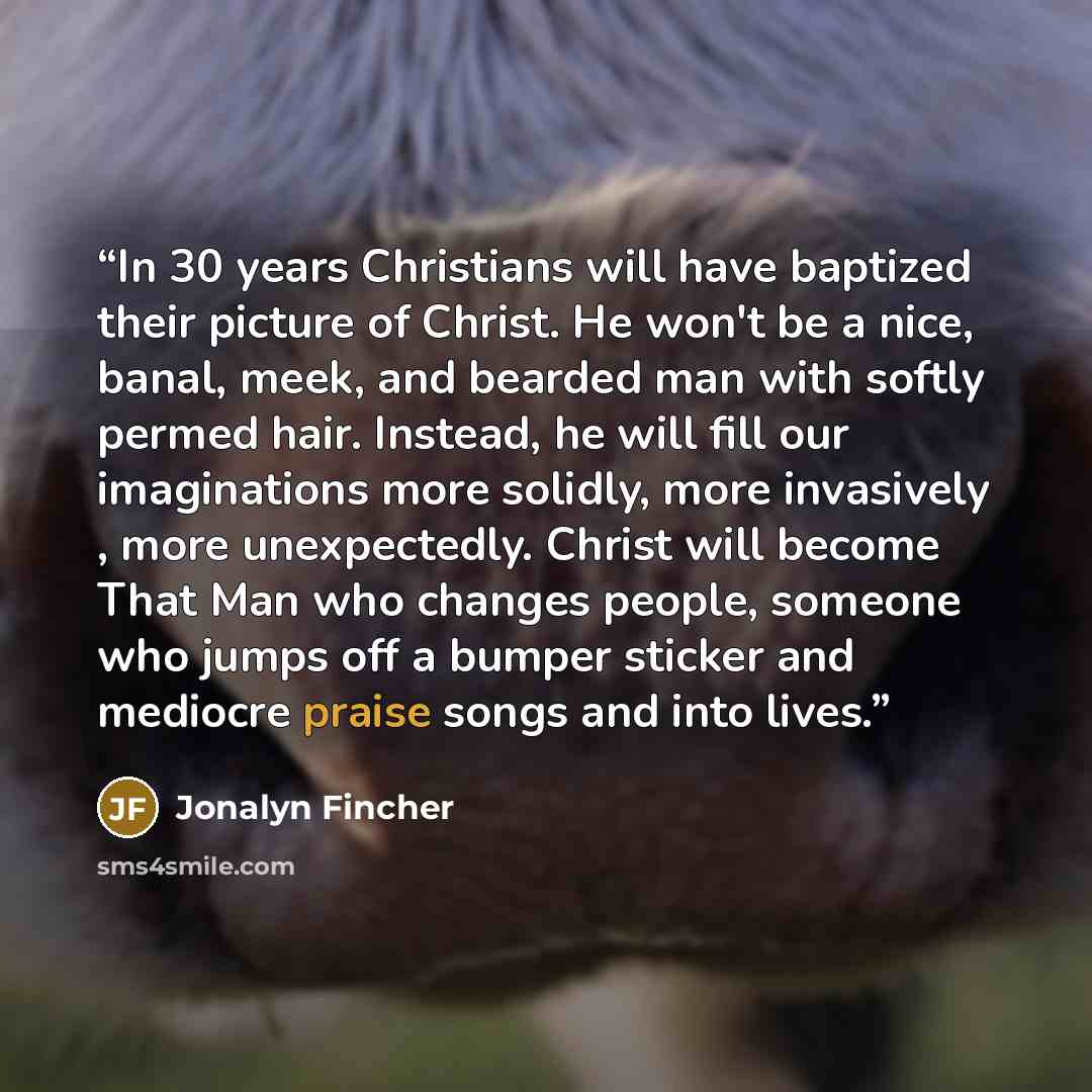 “In 30 years Christians will have baptized their picture of Christ. He won't be a nice, banal, meek, and bearded man with softly permed hair. Instead, he will fill our imaginations more solidly, more invasively , more unexpectedly. Christ will become That Man who changes people, someone who jumps…” quote by Jonalyn Fincher