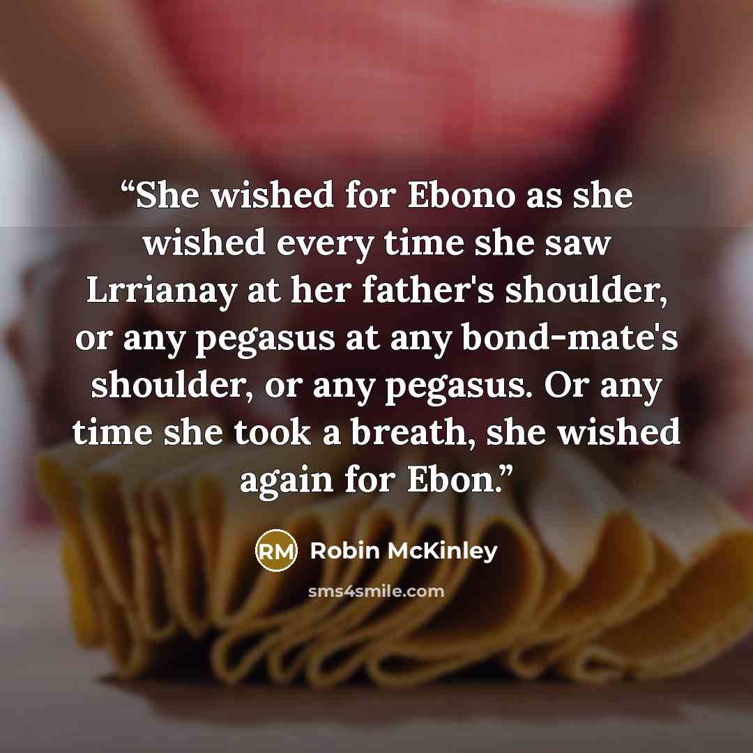 “She wished for Ebono as she wished every time she saw Lrrianay at her father's shoulder, or any pegasus at any bond-mate's shoulder, or any pegasus. Or any time she took a breath, she wished again for Ebon.” quote by Robin McKinley