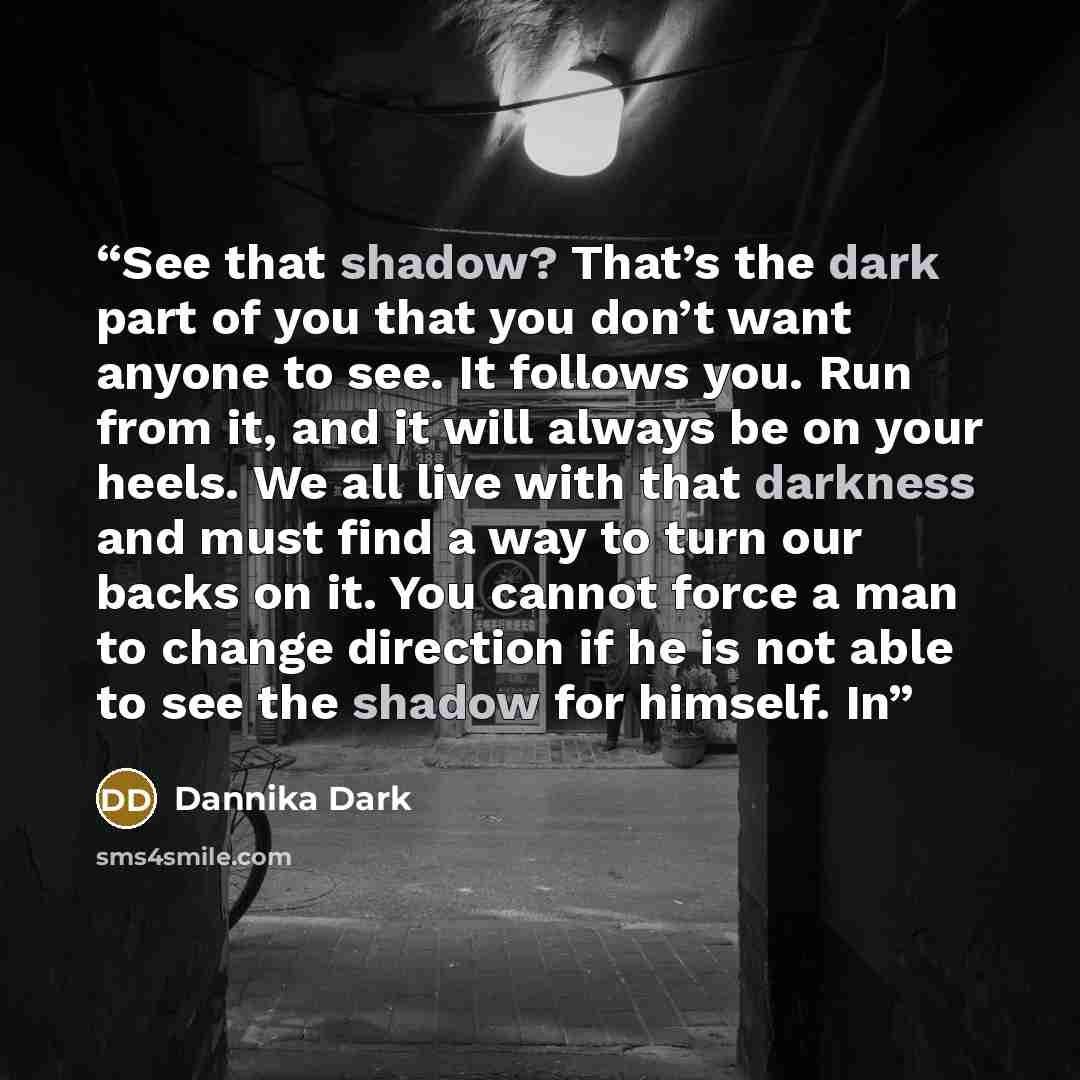 “See that shadow? That’s the dark part of you that you don’t want anyone to see. It follows you. Run from it, and it will always be on your heels. We all live with that darkness and must find a way to turn our backs on it. You cannot force a man to change direction if he is not able to see the…” quote by Dannika Dark