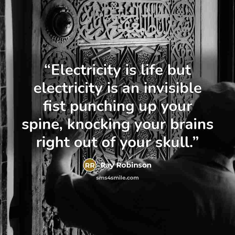 “Electricity is life but electricity is an invisible fist punching up your spine, knocking your brains right out of your skull.” quote by Ray Robinson
