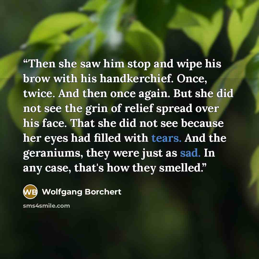 “Then she saw him stop and wipe his brow with his handkerchief. Once, twice. And then once again. But she did not see the grin of relief spread over his face. That she did not see because her eyes had filled with tears. And the geraniums, they were just as sad. In any case, that's how they smelled.” quote by Wolfgang Borchert