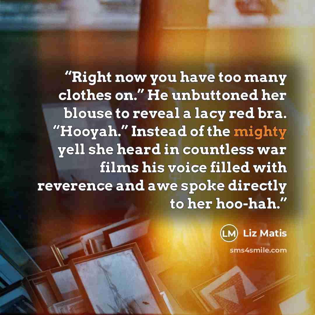 “Right now you have too many clothes on.” He unbuttoned her blouse to reveal a lacy red bra. “Hooyah.” Instead of the mighty yell she heard in countless war films his voice filled with reverence and awe spoke directly to her hoo-hah.” quote by Liz Matis