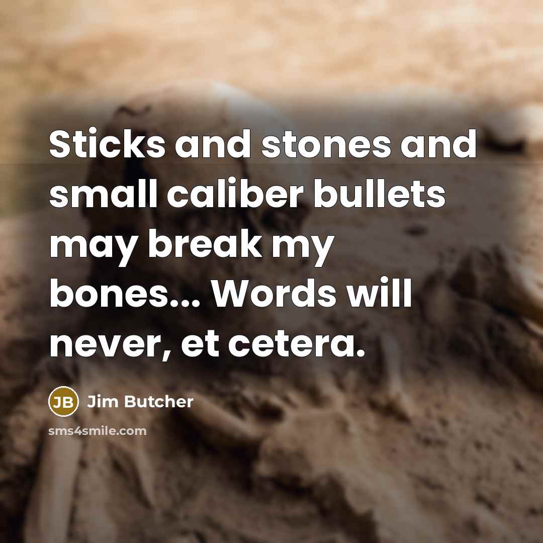 “Sticks and stones and small caliber bullets may break my…” quote by Jim Butcher