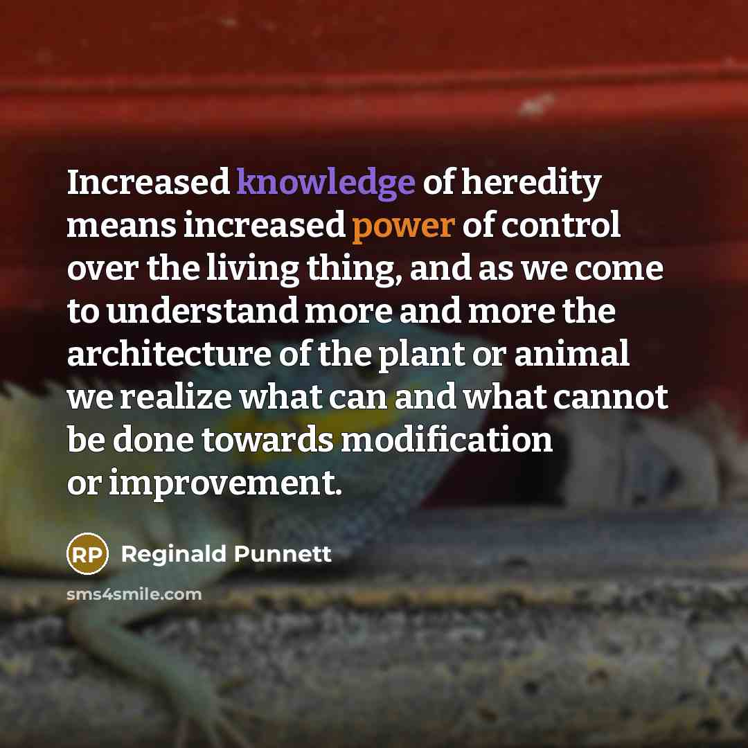 “Increased knowledge of heredity means increased power of control over the living thing, and as we come to understand more and more the architecture of the plant or animal we realize what can and what cannot be done towards modification or improvement.” quote by Reginald Punnett