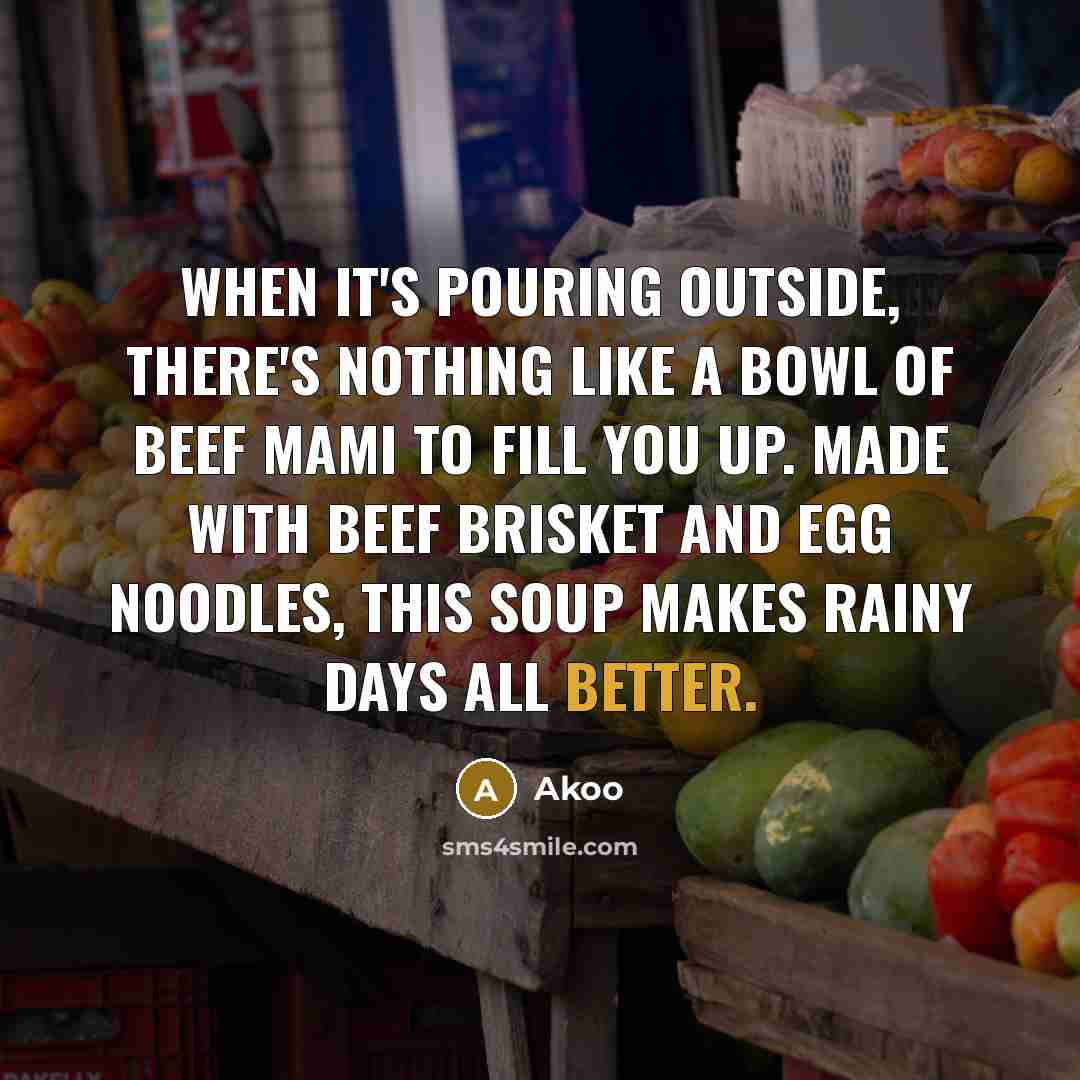 “When it's pouring outside, there's nothing like a bowl of Beef Mami to fill you up. Made with beef brisket and egg noodles, this soup makes rainy days all better.” quote by Akoo