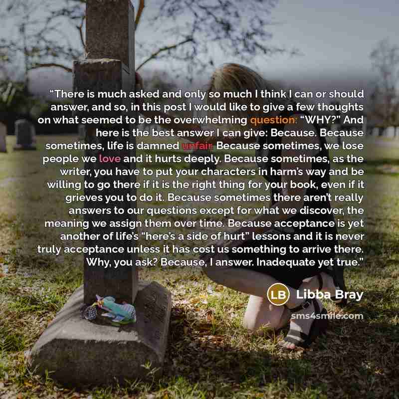 “There is much asked and only so much I think I can or should answer, and so, in this post I would like to give a few thoughts on what seemed to be the overwhelming question: “WHY?” And here is the best answer I can give: Because. Because sometimes, life is damned unfair. Because sometimes, we lose…” quote by Libba Bray