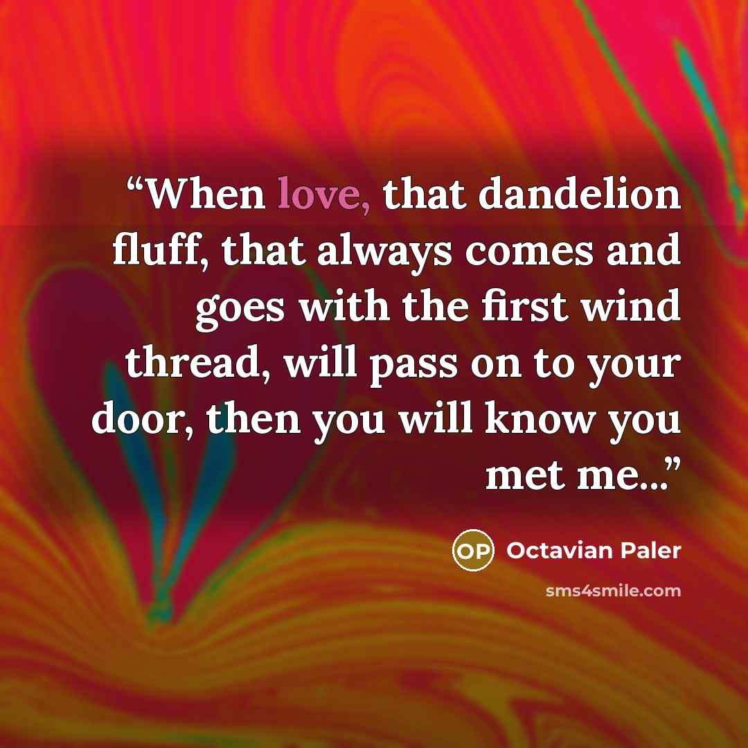 “When love, that dandelion fluff, that always comes and goes with the first wind thread, will pass on to your door, then you will know you met me...” quote by Octavian Paler