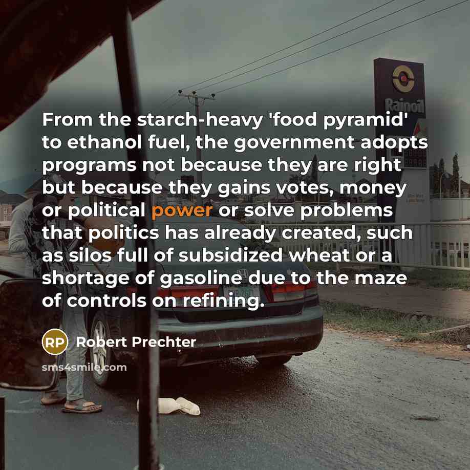 “From the starch-heavy 'food pyramid' to ethanol fuel, the government…” quote by Robert Prechter