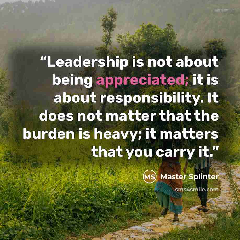 “Leadership is not about being appreciated; it is about responsibility. It does not matter that the burden is heavy; it matters that you carry it.” quote by Master Splinter