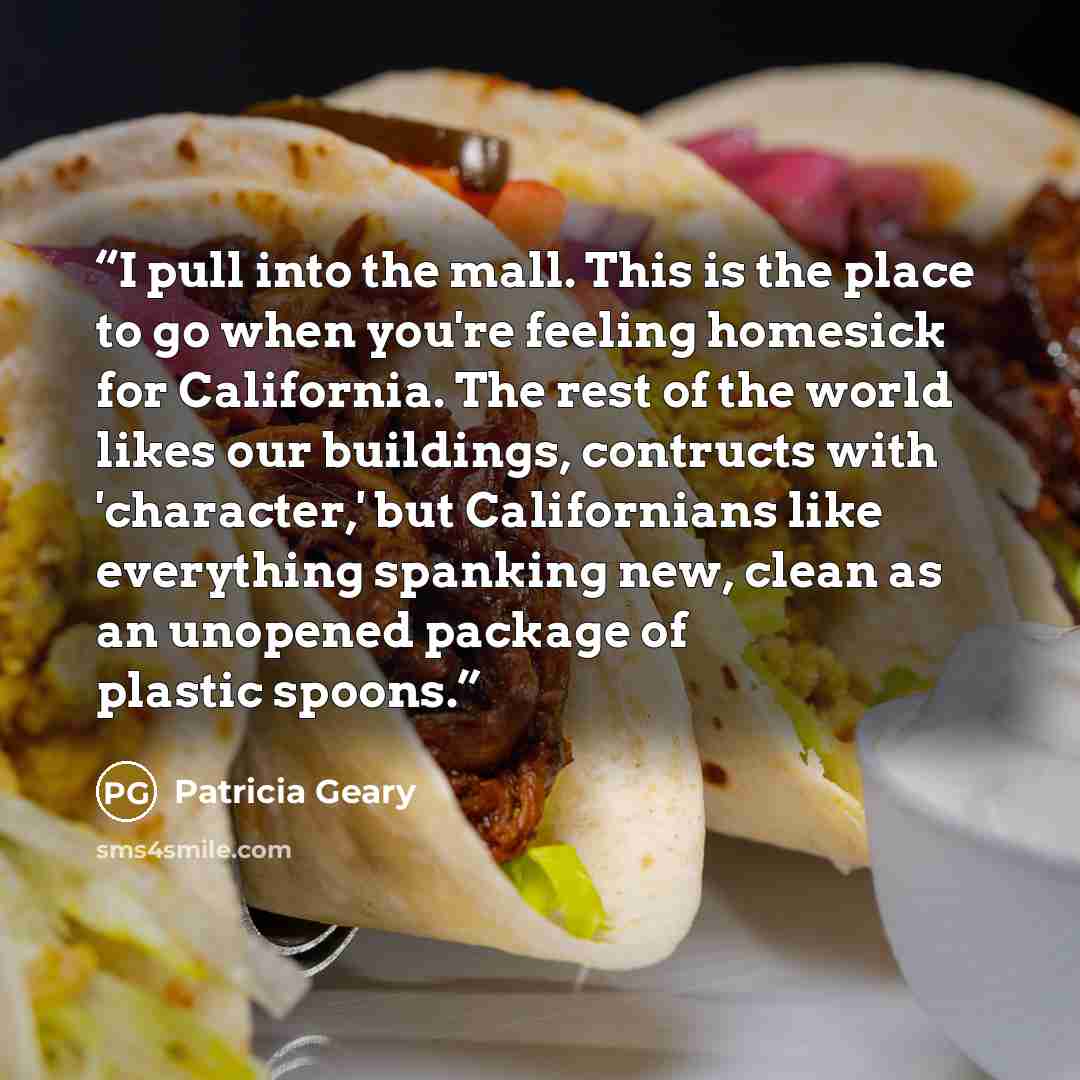 “I pull into the mall. This is the place to go when you're feeling homesick for California. The rest of the world likes our buildings, contructs with 'character,' but Californians like everything spanking new, clean as an unopened package of plastic spoons.” quote by Patricia Geary