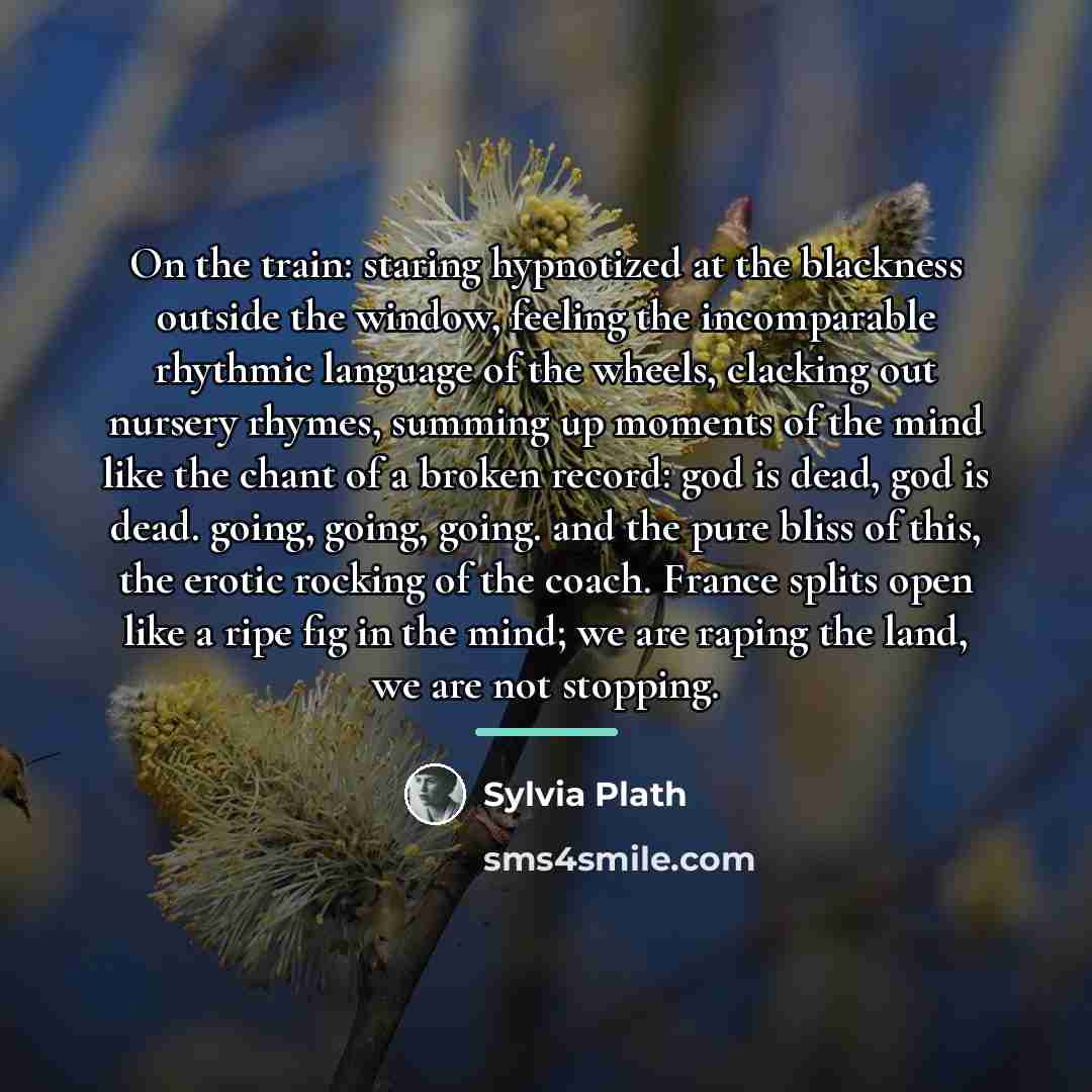 “On the train: staring hypnotized at the blackness outside the…” quote by Sylvia Plath