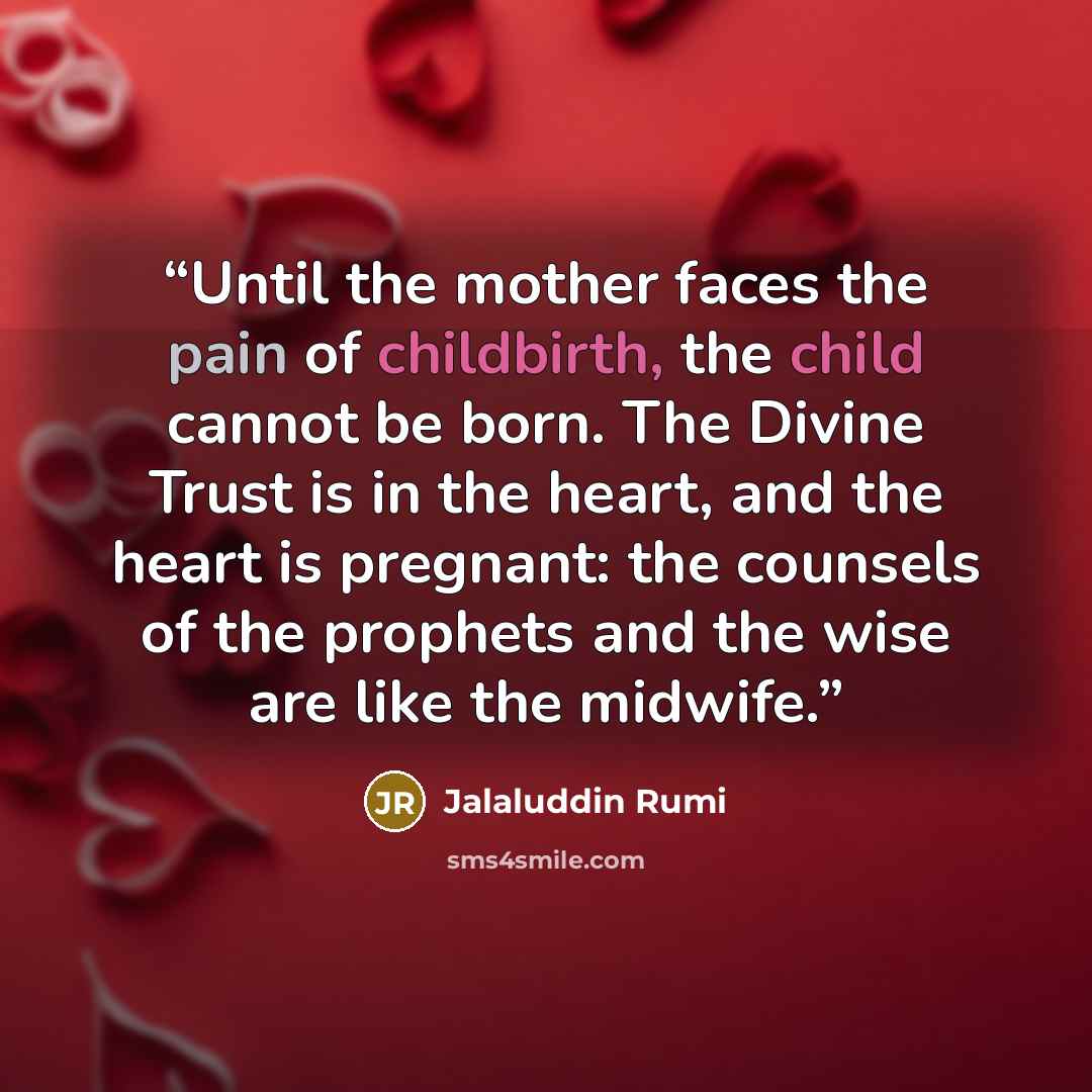 “Until the mother faces the pain of childbirth, the child cannot be born. The Divine Trust is in the heart, and the heart is pregnant: the counsels of the prophets and the wise are like the midwife.” quote by Jalaluddin Rumi