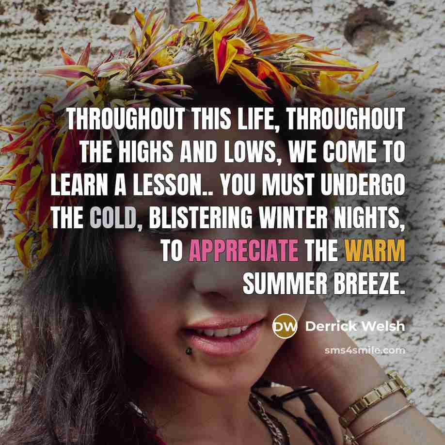 “Throughout this life, Throughout the highs and lows, We come to learn a lesson.. You must undergo the cold, blistering winter nights, to appreciate the warm summer breeze.” quote by Derrick Welsh