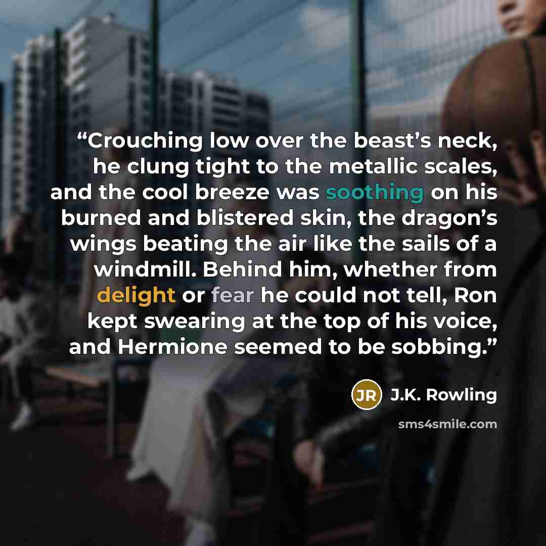 “Crouching low over the beast’s neck, he clung tight to the metallic scales, and the cool breeze was soothing on his burned and blistered skin, the dragon’s wings beating the air like the sails of a windmill. Behind him, whether from delight or fear he could not tell, Ron kept swearing at the top…” quote by J.K. Rowling