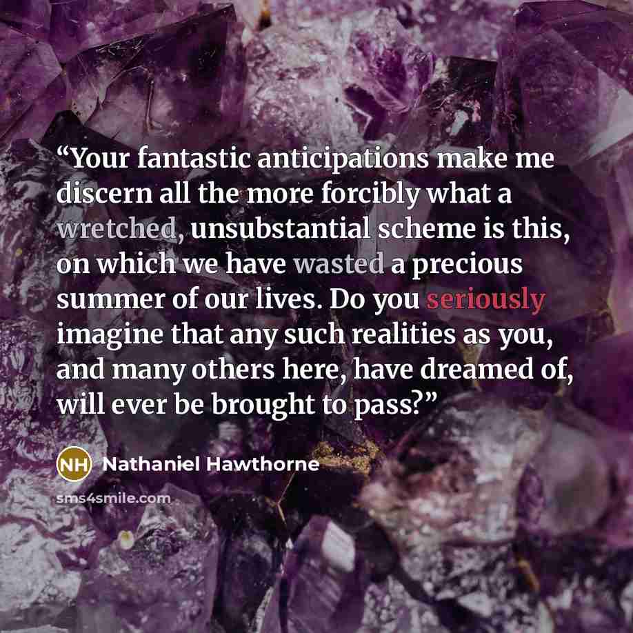 “Your fantastic anticipations make me discern all the more forcibly what a wretched, unsubstantial scheme is this, on which we have wasted a precious summer of our lives. Do you seriously imagine that any such realities as you, and many others here, have dreamed of, will ever be brought to pass?” quote by Nathaniel Hawthorne