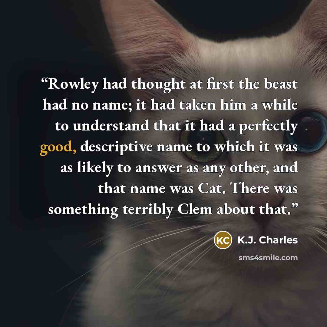 “Rowley had thought at first the beast had no name; it had taken him a while to understand that it had a perfectly good, descriptive name to which it was as likely to answer as any other, and that name was Cat. There was something terribly Clem about that.” quote by K.J. Charles