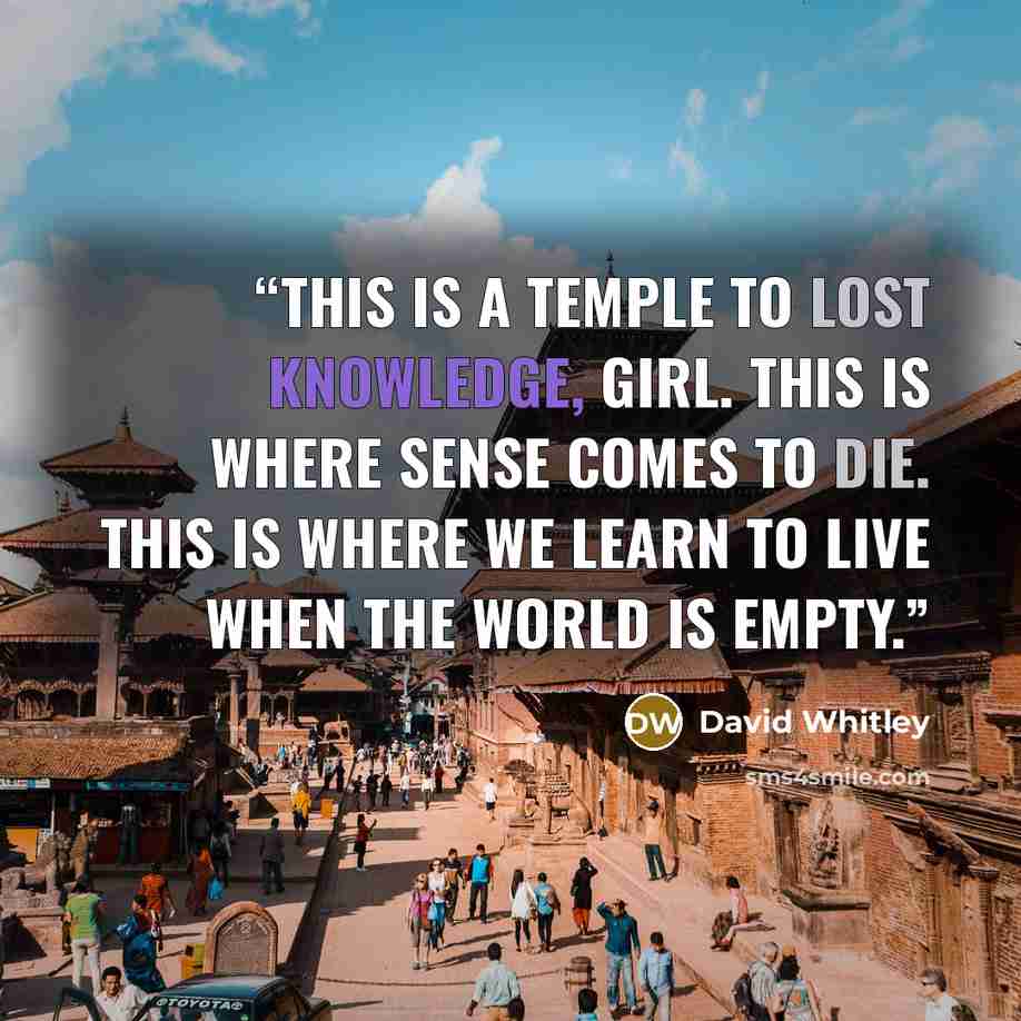 “This is a temple to lost knowledge, girl. This is where sense comes to die. This is where we learn to live when the world is empty.” quote by David Whitley