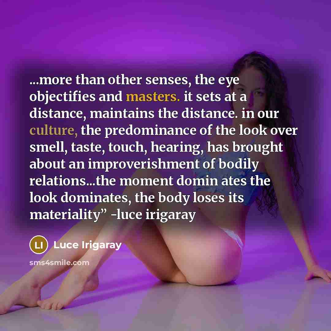 “...more than other senses, the eye objectifies and masters. it sets at a distance, maintains the distance. in our culture, the predominance of the look over smell, taste, touch, hearing, has brought about an improverishment of bodily relations...the moment domin ates the look dominates, the body…” quote by Luce Irigaray