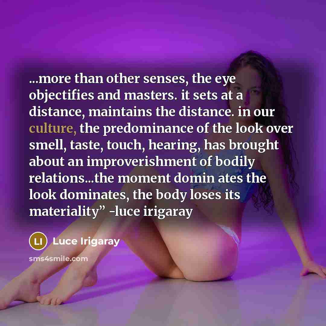 “...more than other senses, the eye objectifies and masters. it…” quote by Luce Irigaray