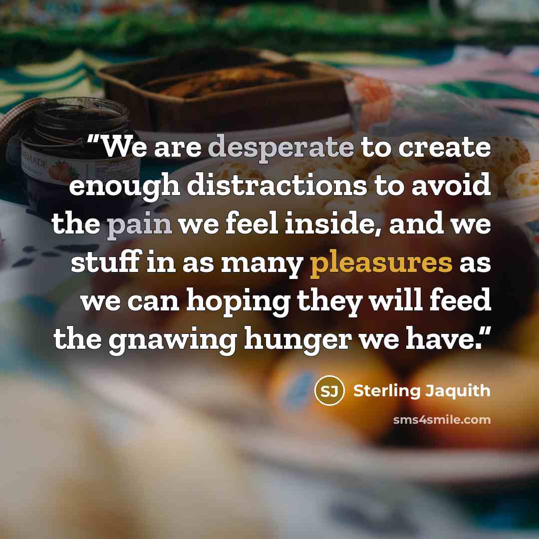 “We are desperate to create enough distractions to avoid the pain we feel inside, and we stuff in as many pleasures as we can hoping they will feed the gnawing hunger we have.” quote by Sterling Jaquith