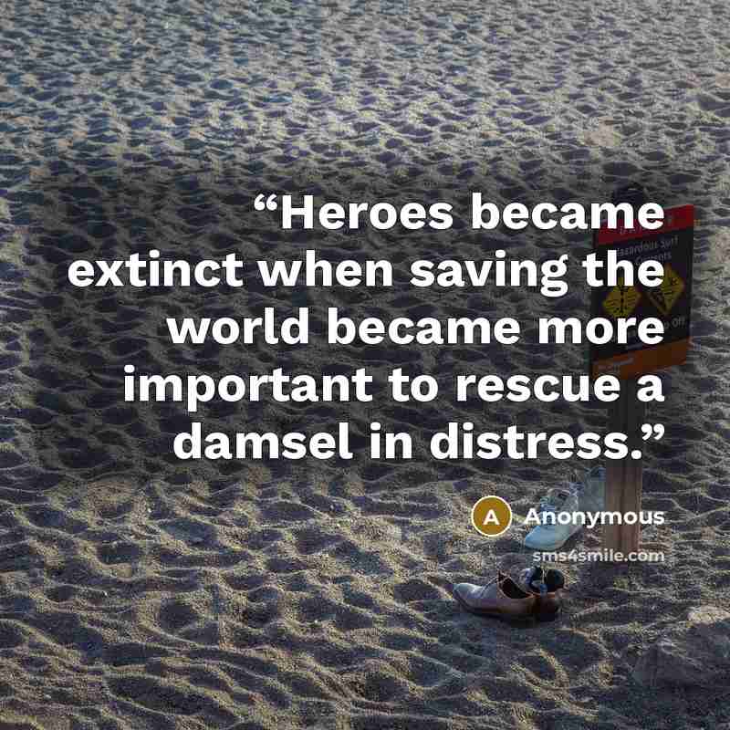 “Heroes became extinct when saving the world became more important to rescue a damsel in distress.” quote by Anonymous