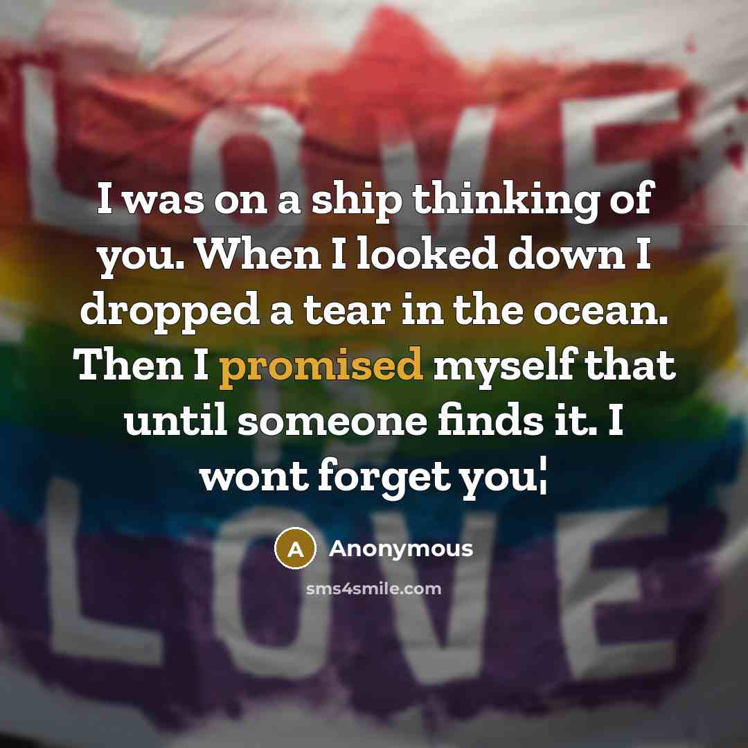 “I was on a ship thinking of you. When I looked down I dropped a tear in the ocean. Then I promised myself that until someone finds it. I wont forget you¦” quote by Anonymous