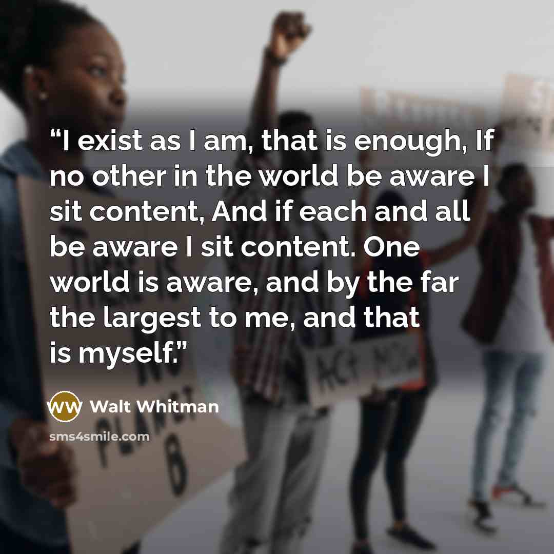 “I exist as I am, that is enough, If no other in the world be aware I sit content, And if each and all be aware I sit content. One world is aware, and by the far the largest to me, and that is myself.” quote by Walt Whitman